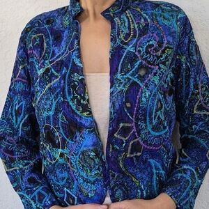 Chico's Y2k 100% Silk, Abstract Design, Embroidery & Mesh Open Jacket